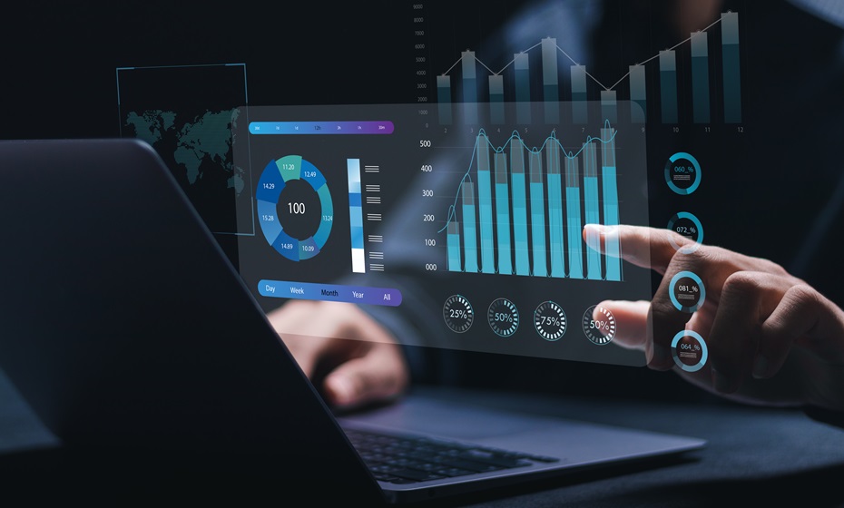 Businessman working with data management system on computer to make report with KPI and metrics connected to database. finance, operations, sales, marketing, KPI, business performance indicators.